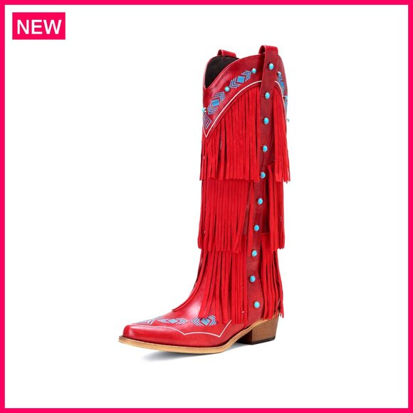 Shoes - Women's Knee High Cowboy Boots with Triple Layer Fringe and Gemstone Accents